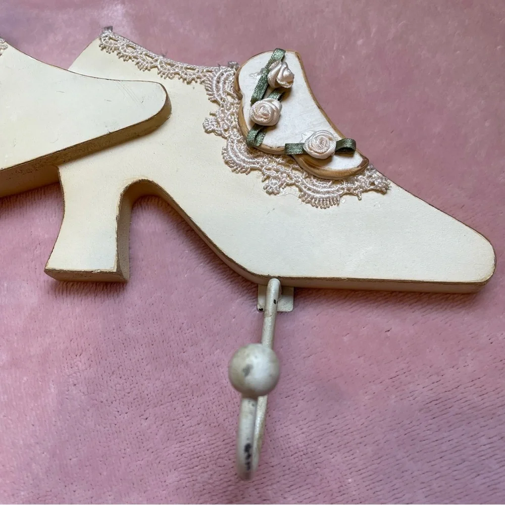 Vintage High Heels Wall Hooks Cream Color with Lace and Silk Roses Distressed